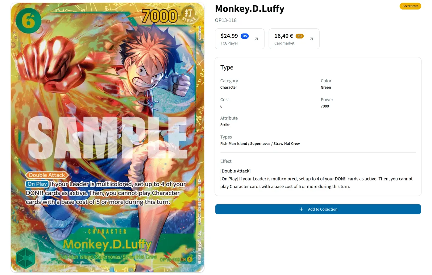 A card page: its TCGplayer and Cardmarket prices, its details, and the add-to-collection button.