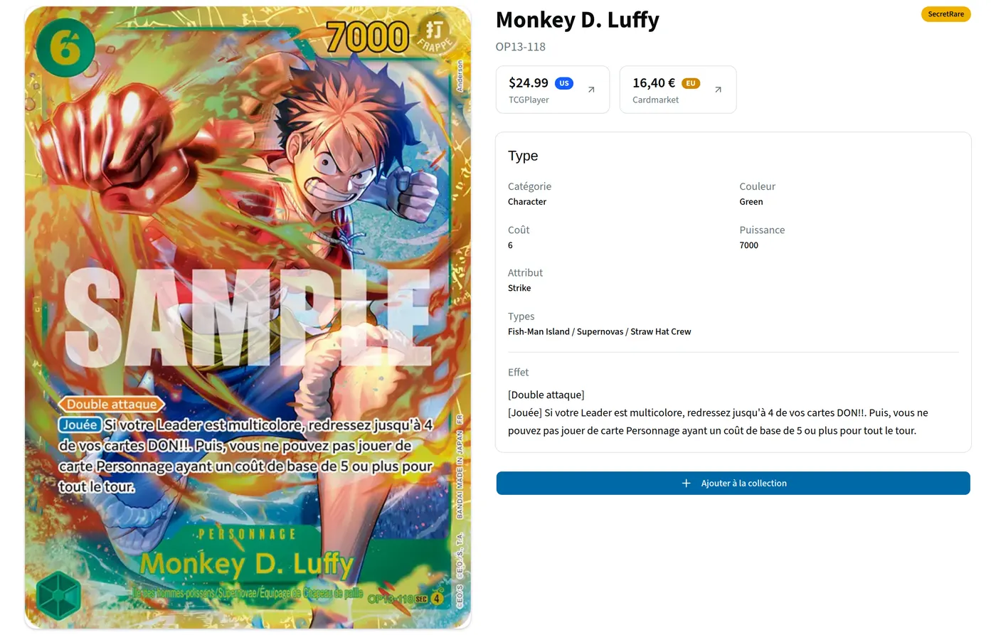 La fiche d'une carte : ses prix TCGplayer et Cardmarket, ses caractéristiques, et le bouton d'ajout à la collection.