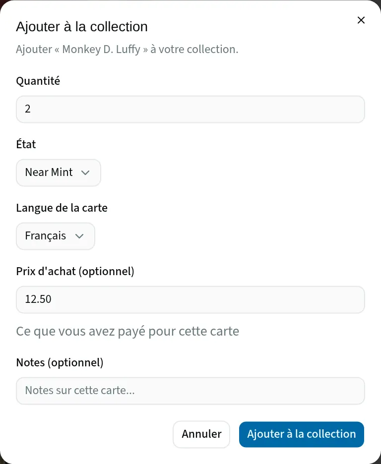 Le dialogue d'ajout à la collection : quantité, état, langue, prix d'achat et notes.