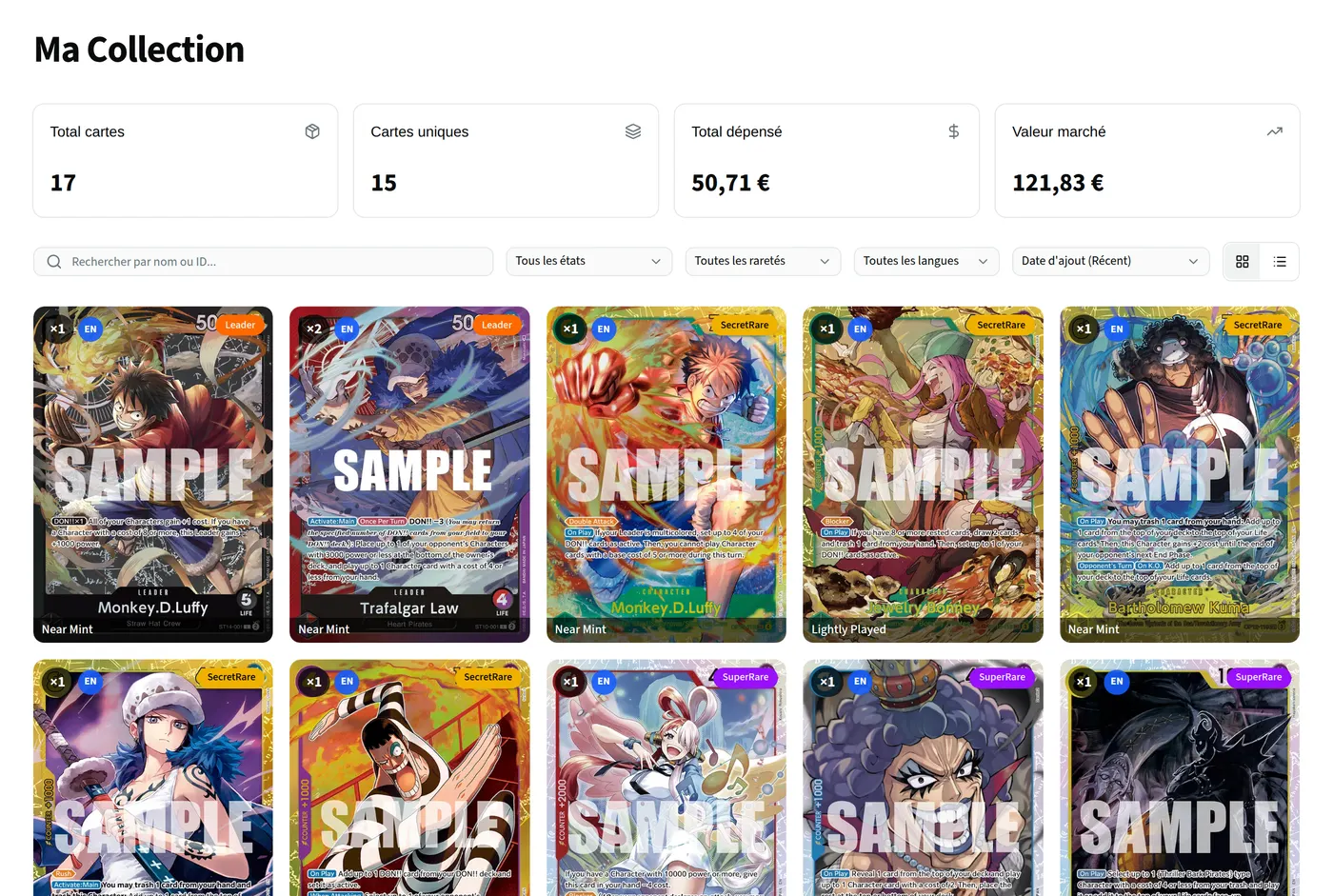 La page collection : le nombre de cartes, ce qu'elles ont coûté et ce qu'elles valent, puis les cartes elles-mêmes.